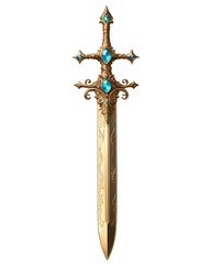 Luxury golden sword with gemstone and vintage decoration isolated on white background