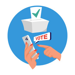 Online voting concept. Vector illustration isometric design style. A man holds a smartphone in his hand. Make your choice. Bulletin, puts in ballot box. Election vote. Politics poll.