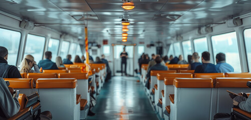 A modern grey ferry boat, passenger seats, standing in the aisle, many young corporate people sitting on the seats, summer, daytime. Generative AI.