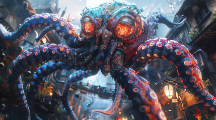 Obraz premium Capture a wide-angle view of mystical creatures experimenting with futuristic technologies, blending magic and science seamlessly, in photorealistic detail