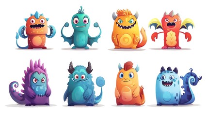 Naklejka premium A set of eight colorful cartoon monsters with different expressions. They are all standing on a white background.