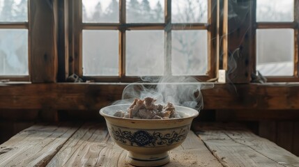  A bowl of food sits atop a weathered wooden table near a window, emitting gentle plumes of smoke
