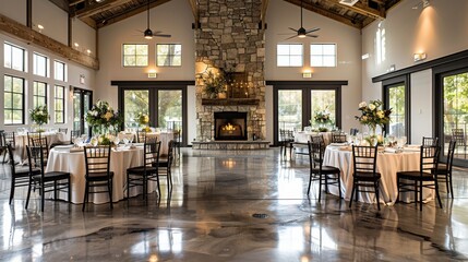 The interior, an elegant wedding reception with circular tables with white linen, and black chairs for guests set up on a polished concrete floor. and the walls have natural wood beam. Generative AI.