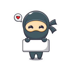 Cute ninja holding greeting banner cartoon vector illustration