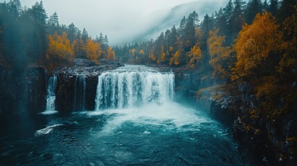 Fototapeta premium Aerial capture of the cascading waterfalls in the Husedalen Valley, Norway