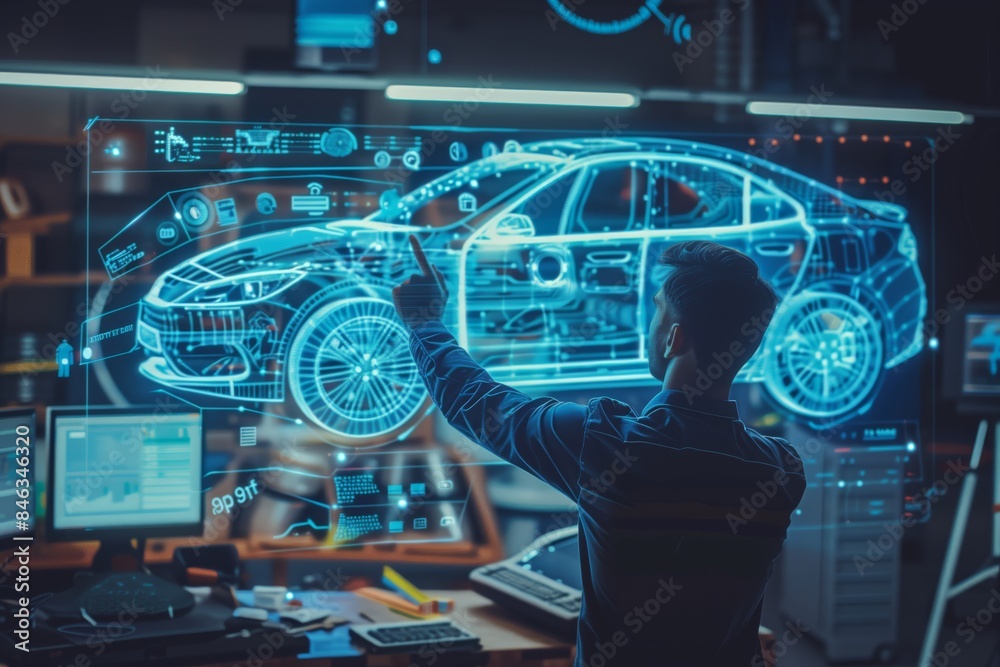 Poster engaging in automotive engineering, creating futuristic vehicles in a stateoftheart lab with advance