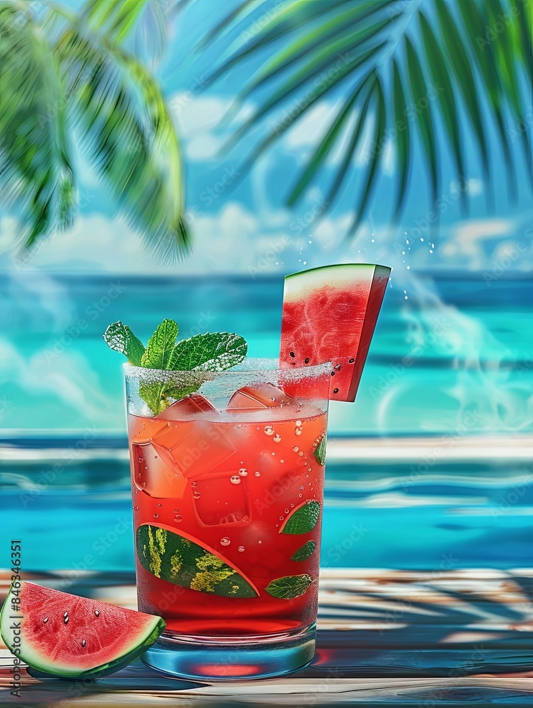 Aufkleber a refreshing watermelon cocktail garnished with a wedge of watermelon and a sprig of mint sits by a 
