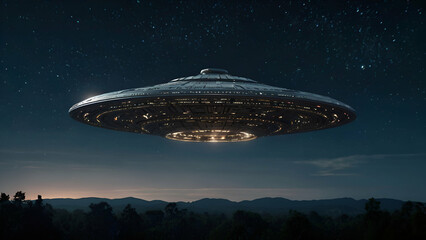 Obraz premium A majestic flying saucer UFO glides effortlessly over a lush forest, casting a mysterious glow over the rolling hills below.