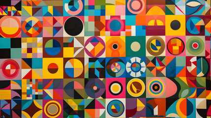 Abstract Geometric Composition with Distressed Textures in Bold Colors