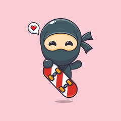 Cute ninja mascot cartoon character with skateboard