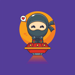 Cute ninja mascot cartoon character fly with ufo