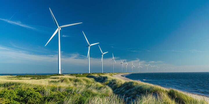 A serene coastal landscape adorned with wind turbines, set against a backdrop of blue sky and grass. This harmonious scene represents the beauty and benefits of renewable wind energy