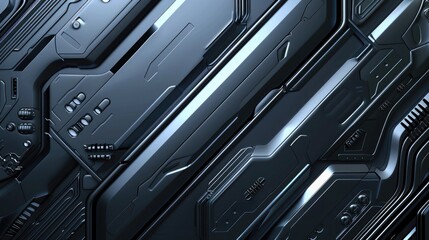 Fototapeta premium Close-up of a futuristic metallic surface with geometric shapes, lines, and textures in dark blue and black shades. Advanced technology and robotics