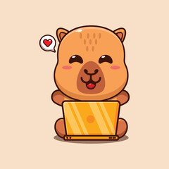 Cute capybara with laptop cartoon vector illustration