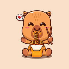 Cute capybara eating noodle cartoon vector illustration