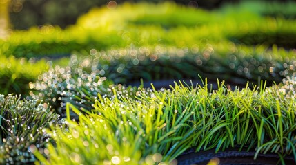 A fresh morning scene in a garden with interlocking circles of different grass varieties, each blade tipped with dew drops that catch the morning rays.