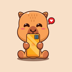 Cute capybara with phone cartoon vector illustration