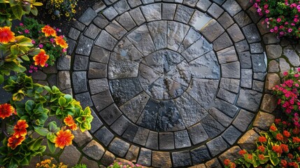 A freshly cleaned circular patio made of paving stones, viewed from above, showcasing the contrast between the wet stones and the vibrant garden flowers encircling it.