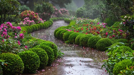 Winding garden pathway lined with manicured green hedges and blooming flowers on a wet, rainy day creating a lush, natural scene.