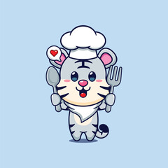 Cute chef white tiger holding spoon and fork cartoon vector illustration