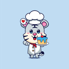 Cute chef white tiger with cake cartoon vector illustration