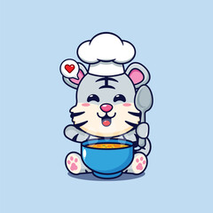 Cute chef white tiger with soup cartoon vector illustration