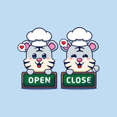 Cute chef white tiger with open and close sign board cartoon vector illustration
