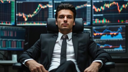 Fototapeta premium rich man in suit sitting, background is full of trading charts.