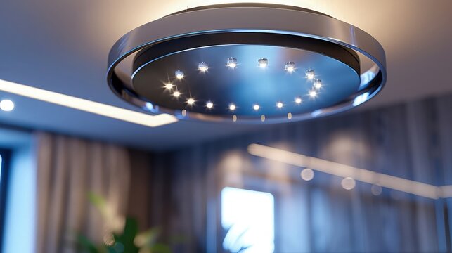 A futuristic flush mount ceiling light with a circular LED array and a sleek, polished metal frame, providing a bright and modern lighting fixture for a guest bedroom.