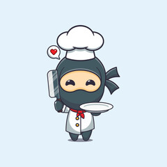 Cute chef ninja with knife and plate cartoon vector illustration