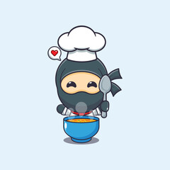 Cute chef ninja with soup cartoon vector illustration