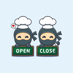 Cute chef ninja with open and close sign board cartoon vector illustration