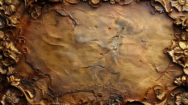 Richly Textured Vintage Label with Intricate Gold Filigree on Aged Parchment - Powered by Adobe