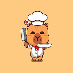 Cute chef capybara with knife and plate cartoon vector illustration