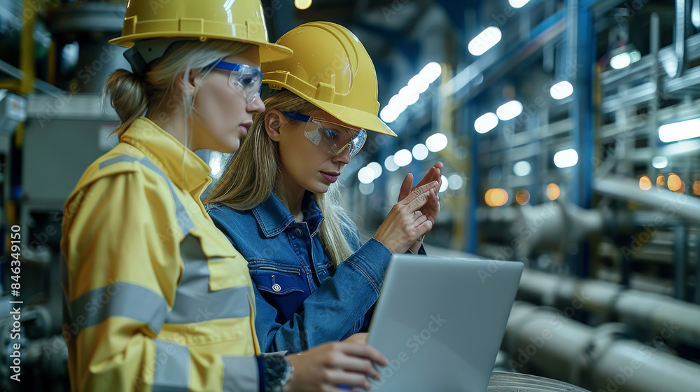 Poster Industrial engineers in hard hats use laptops to discuss new projects. These people make showing gestures while they work in a heavy industry manufacturing environment. Generative AI.