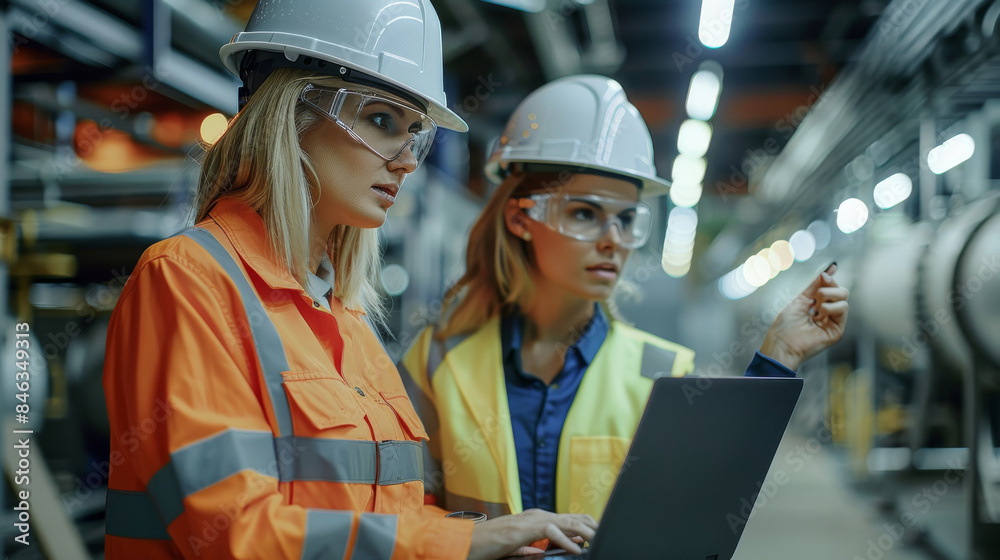 Poster industrial engineers in hard hats use laptops to discuss new projects. these people make showing ges