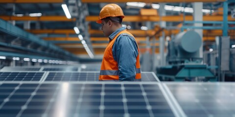 Engineer inspecting solar panels in an energy manufacturing plant, ensuring the production of renewable and sustainable power. The industrial setting promotes clean and ecofriendly energy production