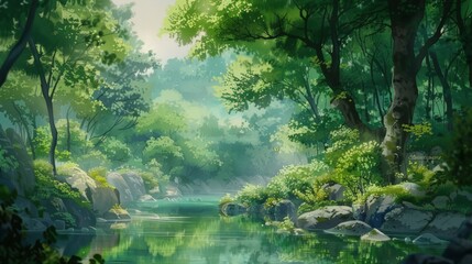 Tranquil forest scene with lush greenery and a calm river reflecting the surrounding trees and...