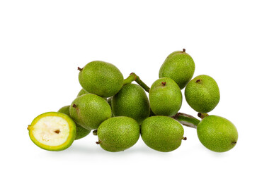 Green walnuts isolated on a white background