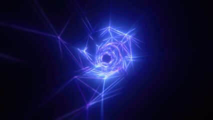 Abstract bright blue glowing background with a tunnel of lines and stripes of energy of burning rays of plasma and electricity with light