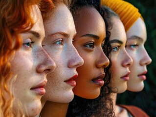 Obraz premium A group of women with different hair colors and features stand in a row
