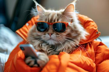 A comical cat wearing oversized glasses, cute adorable orange cat wears sunglasses also wearing a orange coat and using mobile phone 