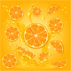 Fresh Orange Fruits with slice with Yellow Background Vector