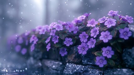  Heliotrope flowers cascading over the edge of a stone retaining wall