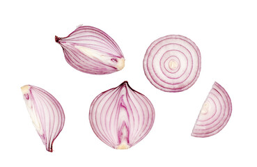 Red onion slices isolated on a white background, top view.
