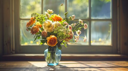 "Stock photo of a vase filled with flowers placed on a wooden table, creating a charming and inviting floral arrangement."