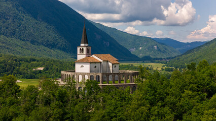 Majestic Aerial Drone View of The Italian Charnel House in Kobarid, Slovenia