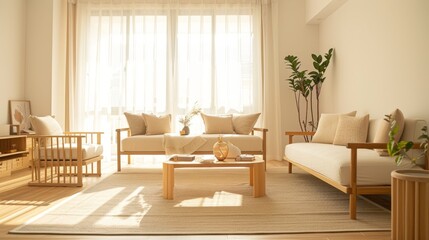 A bright and minimalist living room featuring light wooden furniture and soft, neutral tones. Natural light floods the space through large windows, creating a warm and inviting atmosphere. 