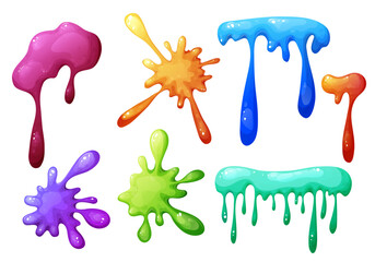 Splat slime mucus collection . Sticky liquid goo spots and blobs. Colorful jelly cartoon snot and smudges. Vector illustration isolated on white background
