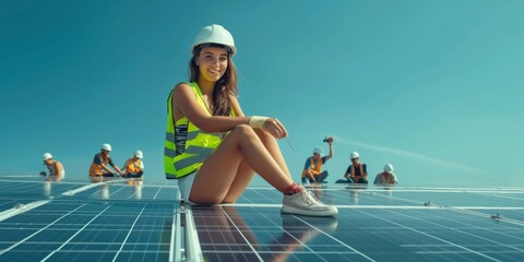 At a construction site, a young woman, wearing safety gear, works on a solar panel installation. The scene reflects teamwork, renewable energy, and a bright, sunny outdoor setting